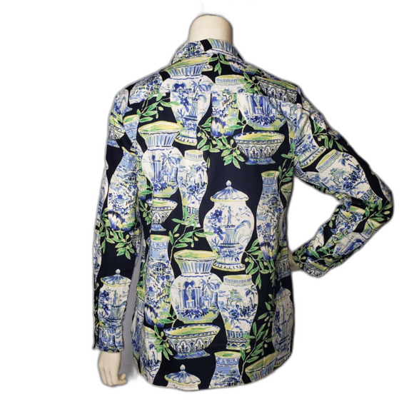 TALBOTS Blue Black watercolor Vases Button Up Shirt Womens Size Medium NEW - Picture 2 of 6